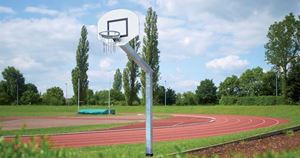 Système de basket Big Duty avec panneau arrière en aluminium rond 120 x 90 cm